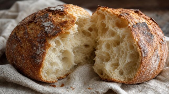 A rustic round loaf of crusty artisan bread is torn open to reveal an airy crumb on linen, useful for bakery, recipe, and homemade food promotions.