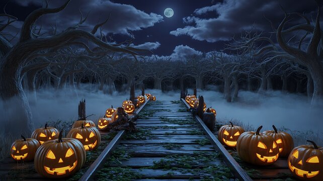 Spooky Halloween jack o lanterns on old train tracks at night  eerie landscape