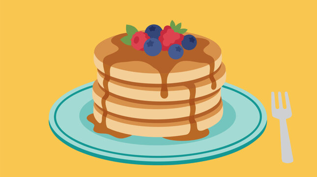 Delicious stack of fluffy pancakes topped with fresh blueberries, raspberries and strawberries drizzled with golden maple syrup on a retro plate with fork, breakfast food illustration
