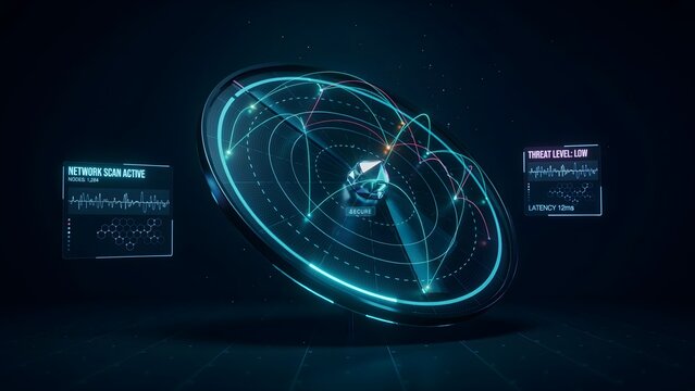 Holographic radar disc visualizing digital signals &ndash; Perfect for cybersecurity firms, aerospace technology, or defense industry promotions.