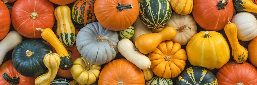 Variety of colorful pumpkins and squash on display together in a heap