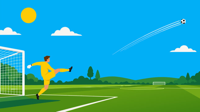 Professional soccer goalkeeper in yellow uniform punting ball downfield on sunny day, vector illustration with dynamic motion lines, green pitch, goal net, blue sky and clouds, sports design element.
