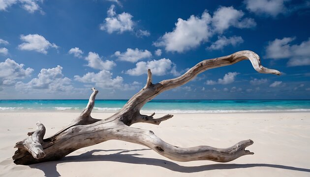 A large piece of sun-bleached driftwood rests on the white sand of a tranquil tropical beach, with crystal clear turquoise water and a blue sky in the background