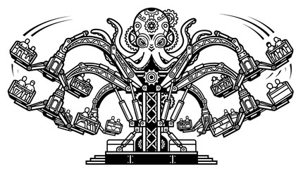 A black and white illustration of an octopus carnival ride. © Excellent