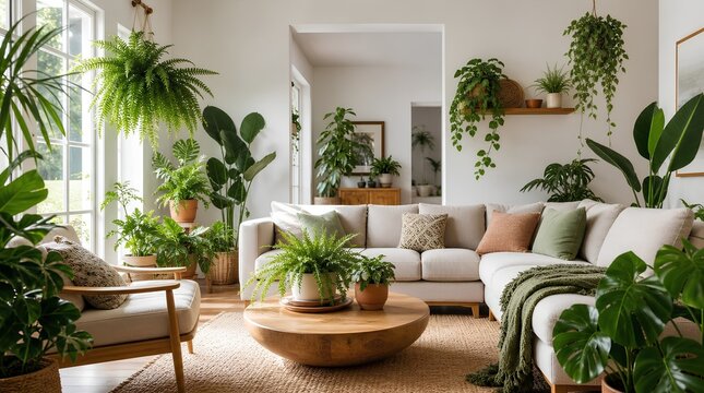 A sunlit living room filled with lush potted and hanging houseplants, neutral sofa, wooden table, and natural textures suits interior design and home decor marketing.