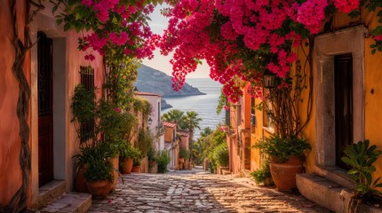 Obraz premium A cobblestone lane framed by bright pink bougainvillea and warm village facades overlooks the sea, perfect for coastal travel and vacation promotion.