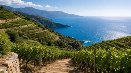 Obraz premium Terraced vineyard rows descend toward a sparkling blue sea and mountain coastline, ideal for promoting wine tourism, coastal travel, and Mediterranean escapes.