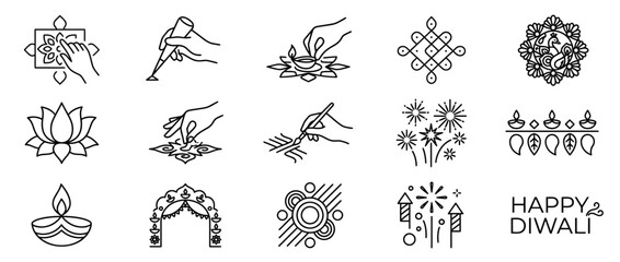 Diwali Icons: Rangoli, Diyas, Lotus, Fireworks, Toran, Happy Diwali Greetings © Faqih Arsilano
