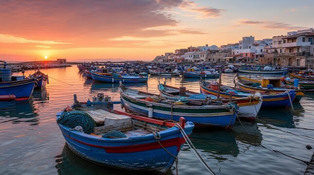 Colorful fishing boats fill a calm coastal harbor at sunset beside a seaside town, ideal for travel, tourism, and coastal lifestyle promotions.