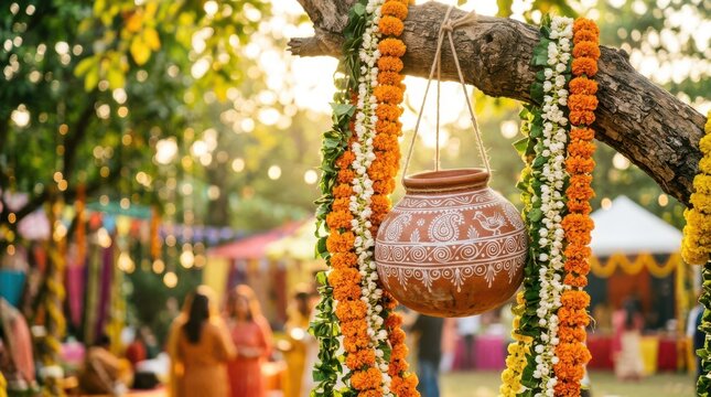 Traditional clay pot hanging on tree decorated for Indian festival