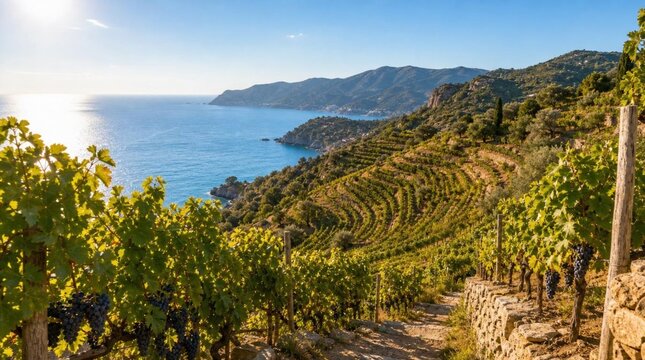 Sunlit terraced vineyard above a blue coastal bay with grape clusters, stone path, and mountains, ideal for wine tourism, agriculture, and Mediterranean travel marketing.
