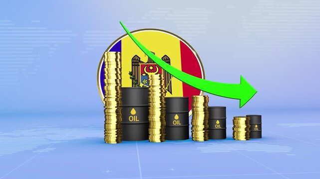 Moldova Oil Prices Decline with Oil Barrels, Gold Coins and Downward Green Arrow, 3D Economic and Financial Market Concept