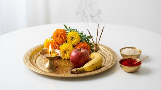 Brass puja plate with oil lamp and flowers for spiritual ritual