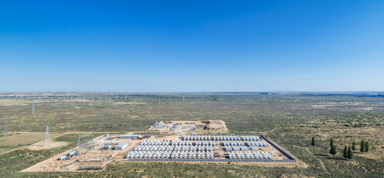 Aerial Perspective of a Large-Scale Battery Energy Storage Facility Under Construction in the Gobi Desert