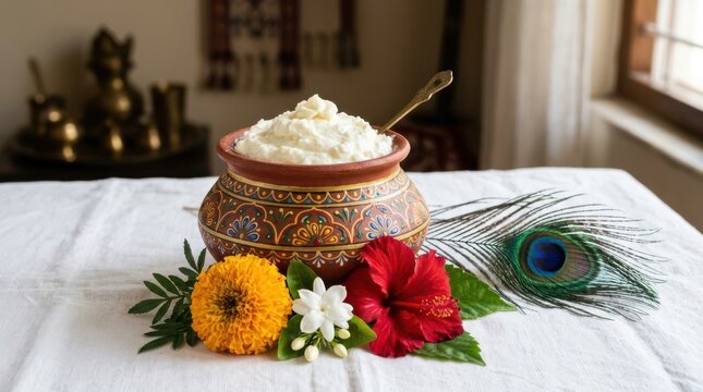Decorative clay pot filled with fresh butter and floral accents