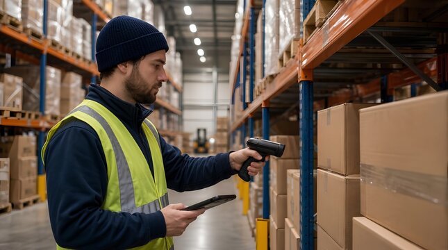 A warehouse worker scans cardboard boxes on tall storage racks with a handheld barcode reader, useful for logistics, inventory control, and supply chain themes.