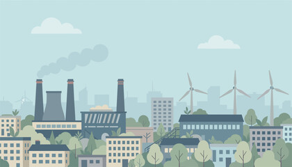 Obraz premium Industrial Cityscape with Smokestacks and Wind Turbines Illustration