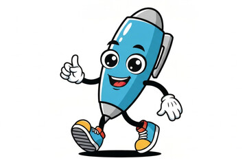 Fototapeta premium A cheerful, anthropomorphic blue pen mascot character in a cartoon style, depicted with a happy expression, giving a thumbs-up gesture, and wearing sneakers, conveying energy, assistance, approval, 