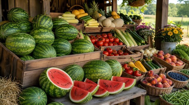 A rustic farm stand overflows with watermelons, tomatoes, squash, cucumbers, peaches, berries, and flowers, ideal for harvest or farmers market promotions.