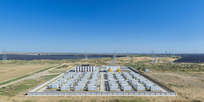 Large-Scale Battery Energy Storage Power Station in Semi-Arid Landscape with Adjacent Solar Farms and Transmission Infrastructure