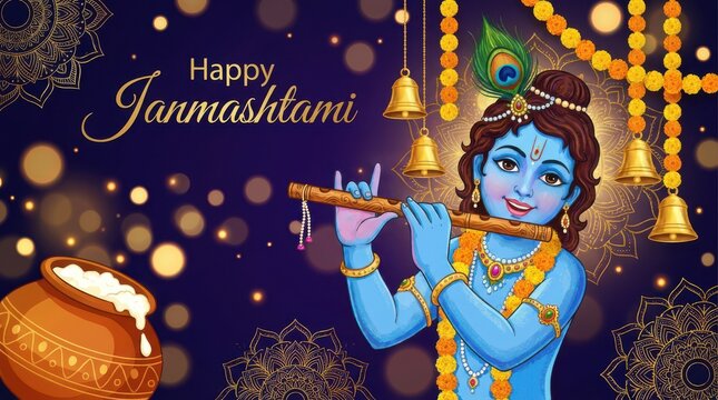 Happy Janmashtami greeting card with illustration of Lord Krishna playing