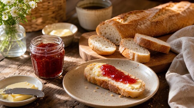 Rustic breakfast table with sliced baguette, butter and red fruit jam beside coffee and fresh flowers, ideal for bakery, brunch or cafe advertising.