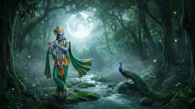 Lord Krishna playing the flute by a mystical forest stream with peacock