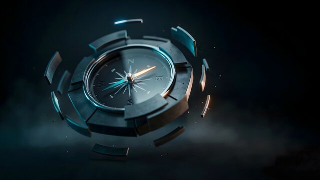 Close-up of assembling metallic compass with glowing needle &ndash; Perfect for industrial engineering, manufacturing automation, or tactical gear.