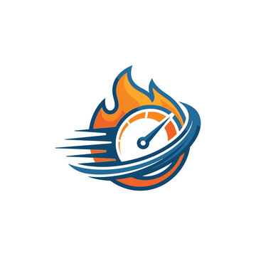 Flaming dashboard logo features a speedometer with racing track lines inspired by speed and cleanliness in a vector artwork
