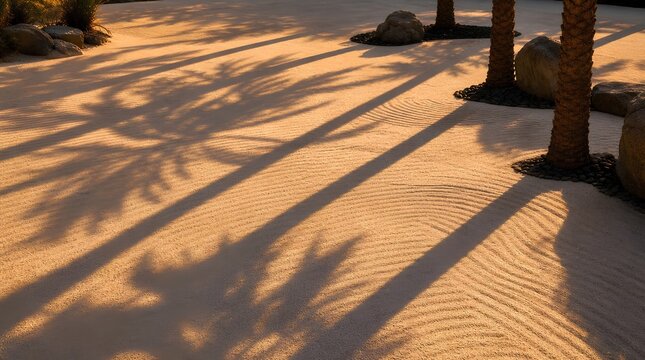 Warm sunset light casts long palm tree shadows across raked desert sand with rocks, creating a tranquil resort landscape for travel and wellness marketing.