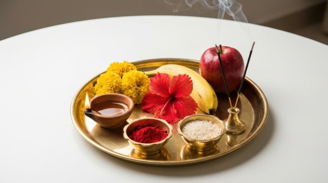Traditional brass puja thali with diya and incense on white table