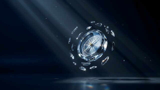 Crystal compass forming from glass fragments with god-rays &ndash; Great for spiritual journey themes, crystal-clear business focus, or luxury art.