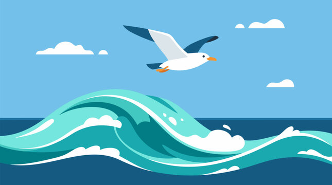 Flat Design Seagull Bird Soaring Above Breaking Turquoise Ocean Waves - Minimalist Vector Illustration of Coastal Marine Wildlife and Sea Surf in Bold Simple Shapes and Solid Colors