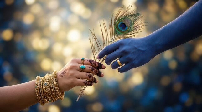 Human hands exchanging peacock feather with blue deity hand closeup