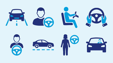 Vector icons of driving, cars, and drivers for transportation concepts