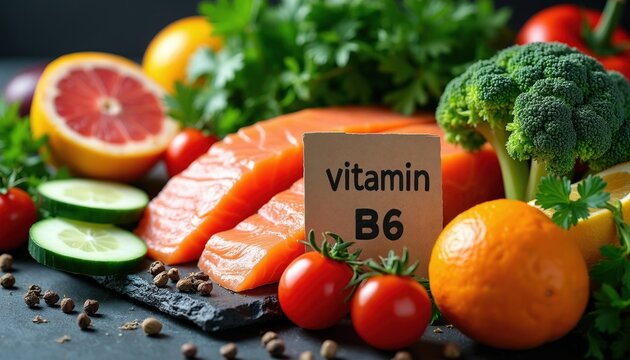 Raw salmon fillets sit near fresh green broccoli cucumber tomatoes, citrus fruit. Paper note shows vitamin B6 label on dark kitchen surface. Healthy food ingredients provide balanced nutrition for