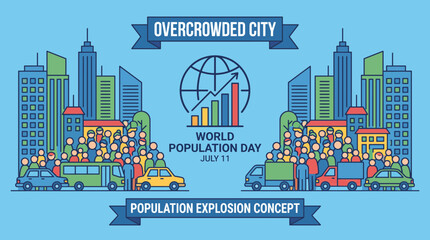 Obraz premium World Population Day Overcrowded City Population Explosion Concept Flat Vector Illustration