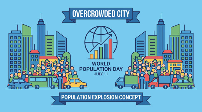 World Population Day Overcrowded City Population Explosion Concept Flat Vector Illustration