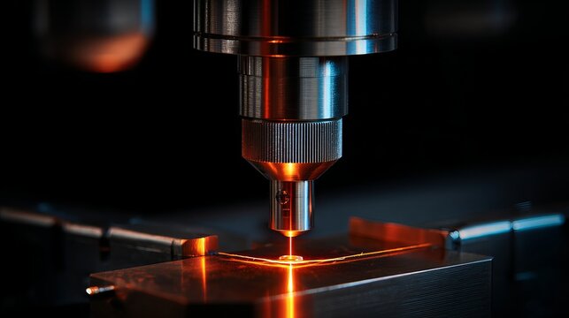 Close-up of a precision laser cutting machine head, showcasing advanced technology and intricate industrial manufacturing processes