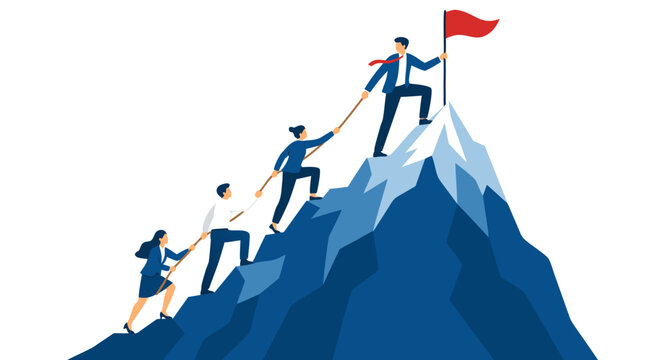 Business team climbing mountain with leader holding red flag at summit, vector illustration of teamwork, leadership, success, achievement, goals and professional growth in flat design style.