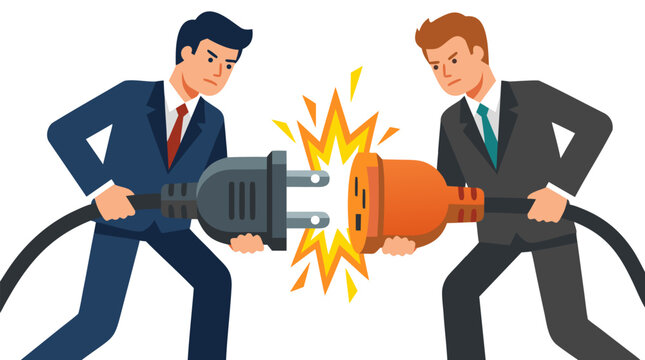 Two Businessmen in Suits Pulling Apart Sparking Electrical Plugs, Corporate Conflict Concept, Failed Business Partnership, Energy Industry Disconnect, Professional Rivalry, Vector Illustration