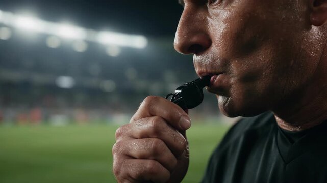 Close Up Referee Blowing Whistle