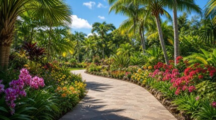 Fototapeta premium Curving stone walkway through a lush tropical garden with palm trees, orchids, and colorful flowers for resort travel and landscape design promotion.
