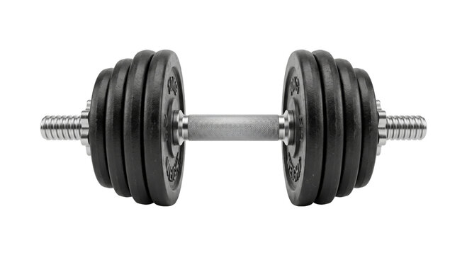 Adjustable dumbbell with black weight plates and chrome handle on white background