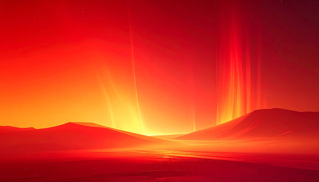 Surreal Otherworldly Red Desert Landscape with Glowing Crimson Aurora Sky and Misty Mountains
