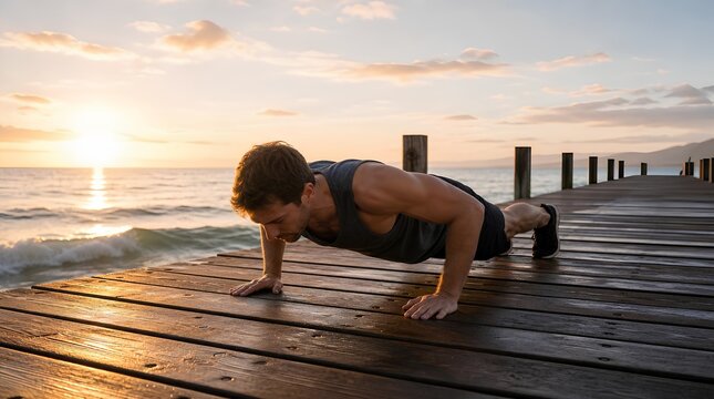 A fit man performs push-ups on a wooden pier beside the ocean at sunset, ideal for promoting outdoor fitness, wellness routines, and active travel.