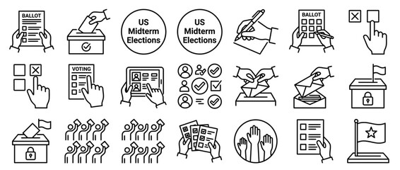 Fototapeta premium Election Icons: Voting, Ballot Boxes, Hand Casting Vote, Midterm Elections Symbols