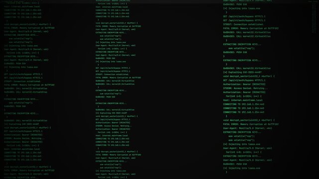 Computer code scrolling vertically with green alphanumeric data and white digital glitch scanlines on a black background for cyber security UI.