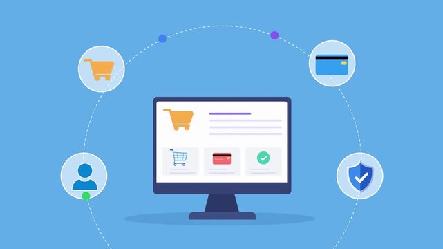 Animated flat vector motion graphic featuring an AI ecommerce dashboard on a desktop monitor with shopping cart, payment, security, and user icons. Ideal for online retail and artificial intelligence 