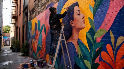 Obraz premium A street artist paints a vibrant portrait mural on a brick alley wall, showcasing urban creativity for community art, design, and neighborhood revitalization campaigns.
